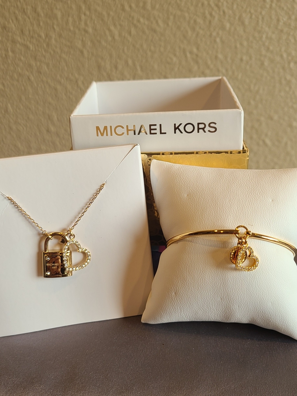Michael Kors Gold Heart & Padlock Charm Necklace and Bangle Set